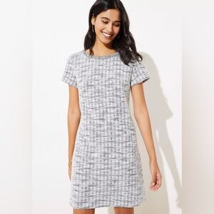 LOFT Black White Tweed Shift Dress | Parisian Chic Mini | Textured Bouclé Style